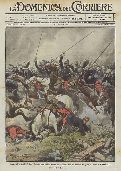 Death of General Eydoux during a furious cavalry charge that swept him over at the cry of, long live France! (colour litho)