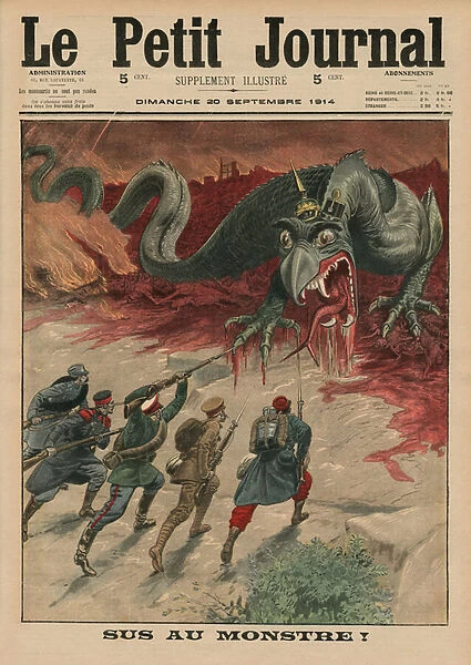 Death to the monster, front cover illustration from Le Petit Journal, supplement illustre, 20th September 1914 (colour litho)
