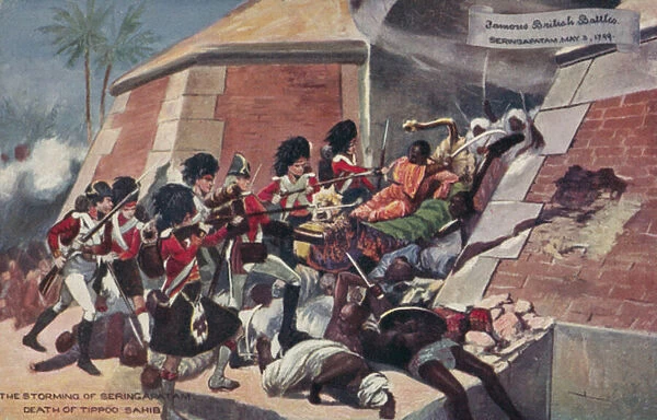 Death of Tipu Sahib, Battle of Seringapatam, India, Fourth Anglo-Mysore War, 1799 (colour litho)
