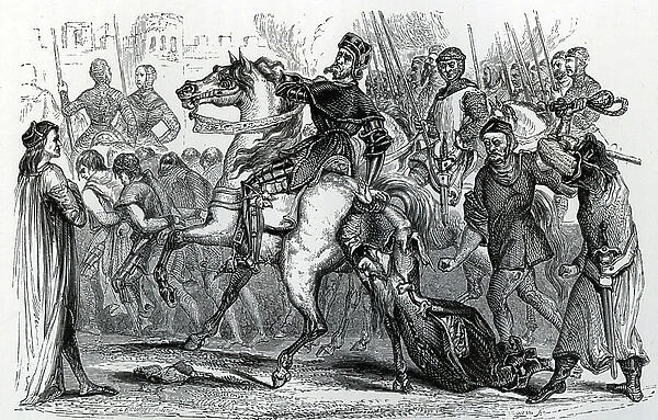 The Death of William Fitz Osbert first drawn asunder by horses, 1196 Engraving from 'Histoire de L'Angleterre' by Augustin Thierry 1867