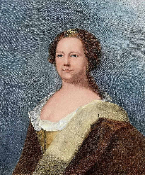 Deborah Read Franklin (1708-1774), wife of Benjamin Franklin. Digitally colored engraving of a painting by Henry Wolf