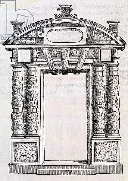 Decorative door with columns and bath shaped plate, from Libro Estraordinario