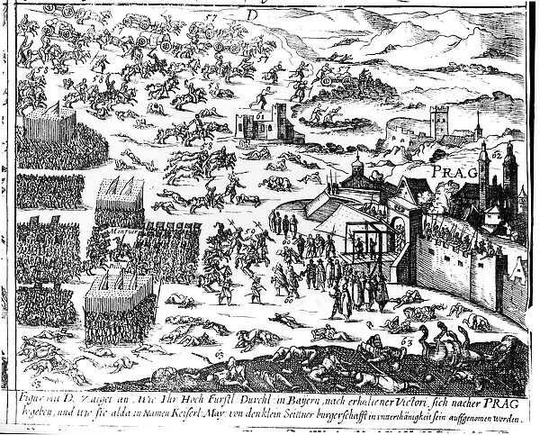 Defenestration of Prague, 1618 (engraving) (b  /  w photo)