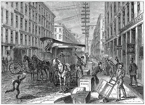 Deliveries and collections taking place at Wells Fargo depot, New York. From Harper's New Monthly Magazine New York 1875. Wood engraving