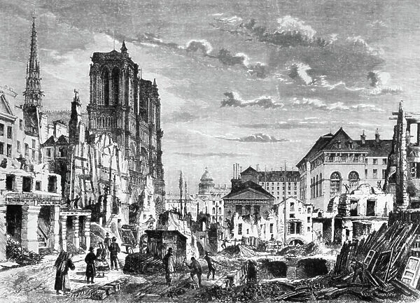 demolition on Cite island in Paris in 1856, in front of Notre Dame cathedral, for construction of new hospital, engraving by Felix Thorigny