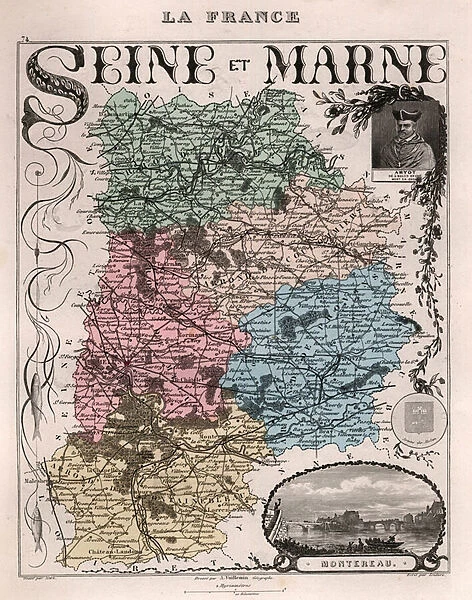 Department of Seine and Marne (Seine-et-Marne, 77), Ile de France (Ile-de-France) - France and its Colonies. Atlas illustrates one hundred and five maps from the maps of the depot of war, bridges and footwear and the Navy by M. VUILLEMIN. 1876