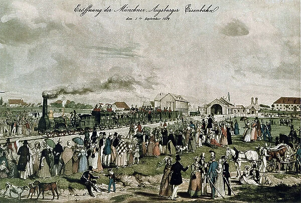 Departure of the first train of the German railway company Munich - Ausburg on September 1, 1839. Engraving