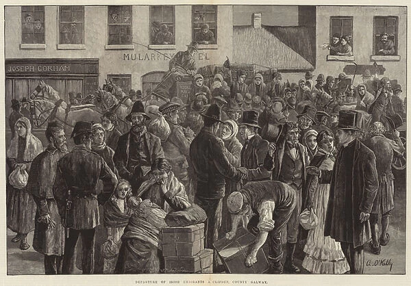 Departure of Irish Emigrants at Clifden, County Galway (engraving)