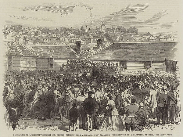 Departure of Lieutenant-General Sir Duncan Cameron from Auckland, New Zealand, Presentation of a Farewell Address (engraving)