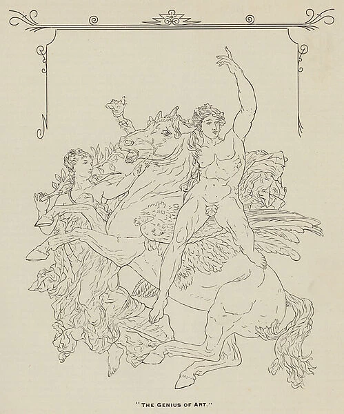 Depiction of a Classical man, woman and a winged horse (litho)