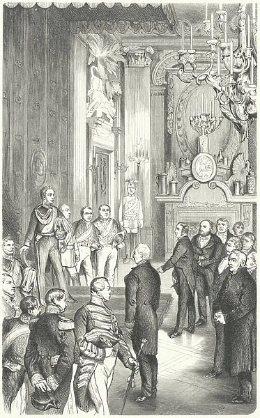 Deputation from the Frankfurt Parliament offering King Frederick William IV the crown of Germany, 1849 (engraving)