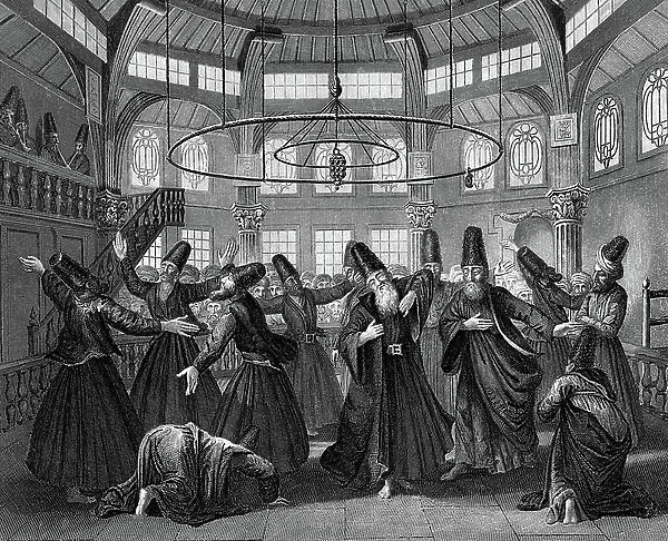 Dervishes, members of Muslim religious order founded in the 12th century, dancing and performing ritual of 'remembering' god in self-induced ecstatic trance. 19th century engraving