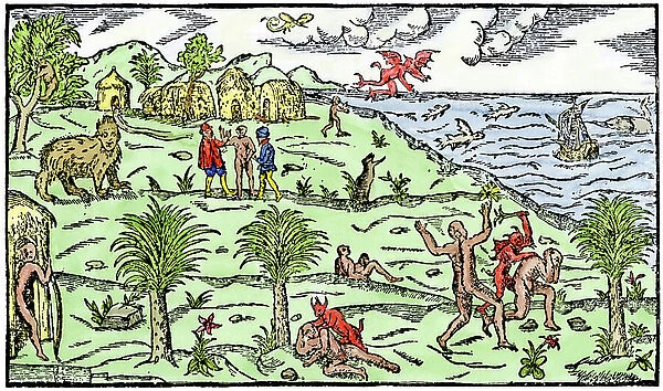 Description of the bresilian coasts in 1586, with indigenous people and village, fauna and flora, and monstrous animals. After Jean De Lery (1536-1613), a French traveller and writer, in 'Histoire d'un voyage fait en la terre du Brazil', 1578