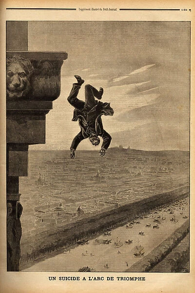 A desespere man precipitates from the top of the Arc de Triomphe in Paris. Engraving in 'Le petit journal'8  /  5  /  1898. Selva Collection