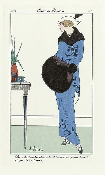 Design for Dress Coat with Otter Muff and Collar, from Costumes Parisiens, pub.1913 (pochoir print)