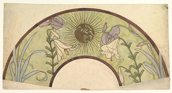 Design for a fan with sunburst, lilies, and irises, late 19th - mid 20th century