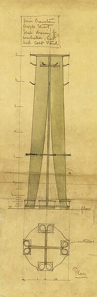 Design for an umbrella, hat and coat stand, shown in elevation and plan, c