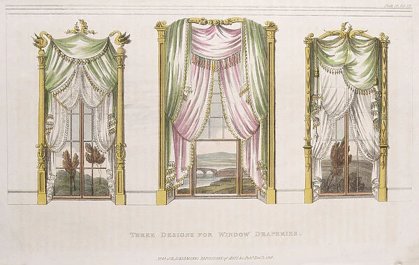 Three designs for window draperies, plate 107 from Ackermanns Repository of Arts