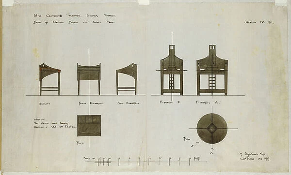 Designs for writing desks shown in front and side elevations
