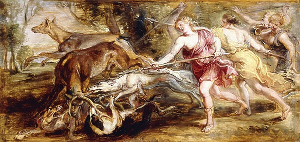 Diana and her Nymphs Hunting - a modello, (oil on panel)