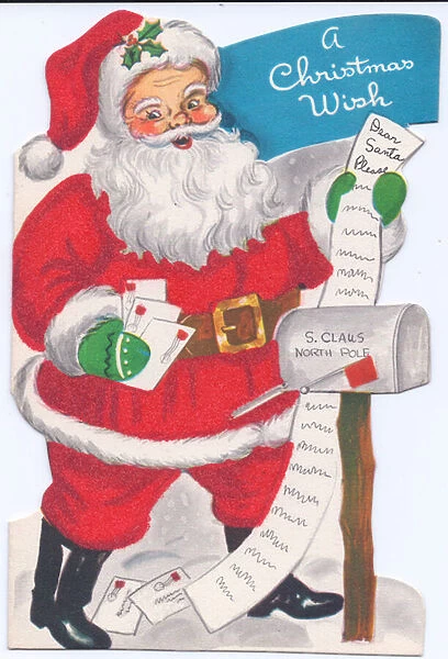 A die-cut Xmas Card of Father Christmas holding a list of presents