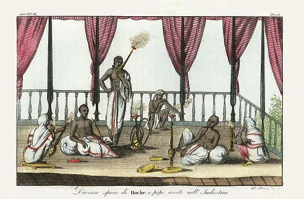 Different types of hookah pipes of India: gargara, snake hookah, narikel, cheroot, narikel and gargara. Handcoloured copperplate drawn and engraved by Andrea Bernieri after Francois Solvyns from Giulio Ferrario