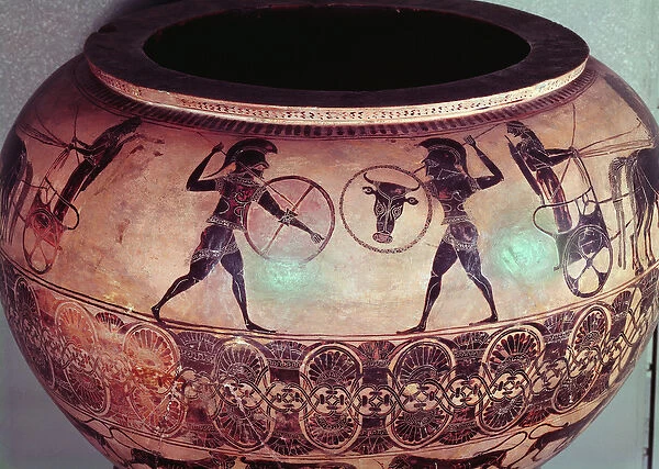 Dinos depicting Perseus and the Gorgons, detail showing Hoplites fighting between their