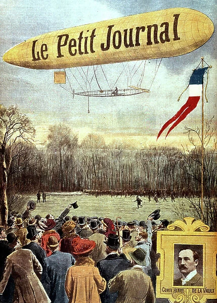 Dirigible of French newspaper Petit Journal over bagatelle park (Paris) in 1909, bottom : photo of Henry de la Vaulx one of the founders of the AeroClub de France