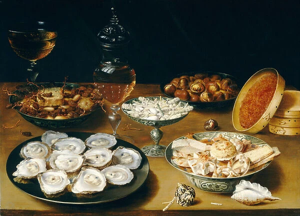 Dishes with Oysters, Fruit and Wine, c. 1620-25 (oil on panel)