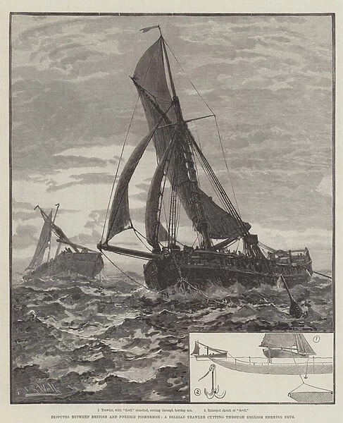 Disputes between British and Foreign Fishermen, a Belgian Trawler cutting through English Herring Nets (engraving)