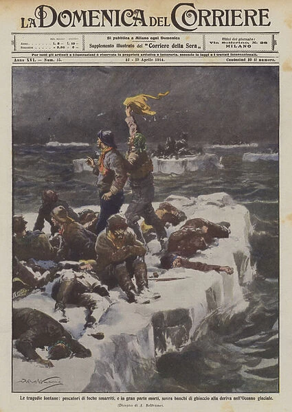 The distant tragedies, fishermen of lost, and largely dead seals, over ice floes... (colour litho)