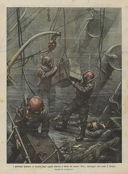 The divers are working on the recovery of the objects that were on board the Sirio steam shipwrecked on the coast of Spain (colour litho)