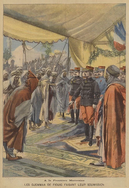 The Djema a of Figuig surrendering to the French (colour litho)