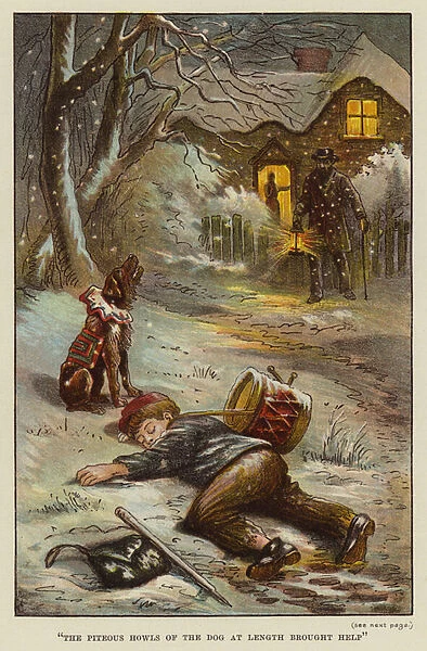 Dog howling to call help for a boy collapsed in the snow (chromolitho)