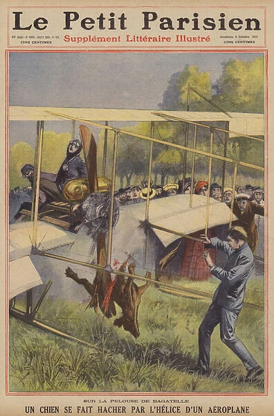 A dog killed by the propeller of an aeroplane (colour litho)