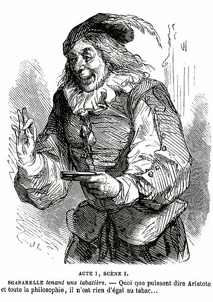 Don Juan, play by Jean Baptiste Poquelin dit Moliere (1622-1673), act 1, scene 1: Sganarelle, contradicting Aristotle, praise tobacco. Engraving by Janet-Lange (Janet Lange), popular Barba edition, 19th century
