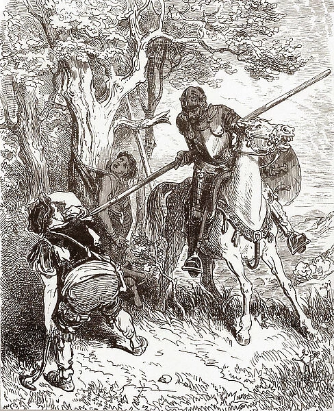 Don Quixote threatens the peasant who was shipping the shepherd boy Engraving by Gustave Dore (1832-1883) for 'L'Ingenieux Hidalgo Don Quixote de la Manche (Quixotte - Quijote)"