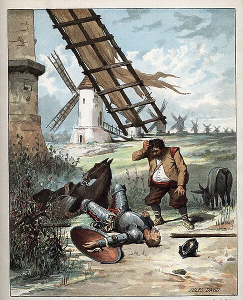 Don Quixote and the windmills - Illustration of Jules David (1808-1892