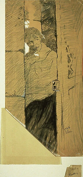 At the Door, 1885 (crayon, brush, wash & oil on card)