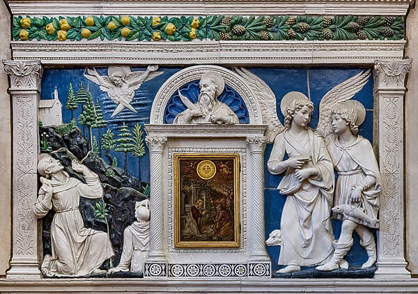 Dossal of an altar with central ciborium, from the left, St. Francis, St. Bartholomew, the Archangel Raphael and Tobiolo, c. 1475 (bas-relief polychrome glazed terracotta)