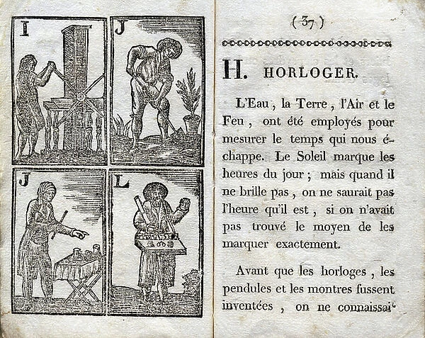Double page: I Printer; J Gardener; J Cup Player; L Lunettier (+ text). Engraving in '' Instructive abecedaire des arts et metiers'''. A work in which a child, while having fun, can learn about the most useful Arts to the Society