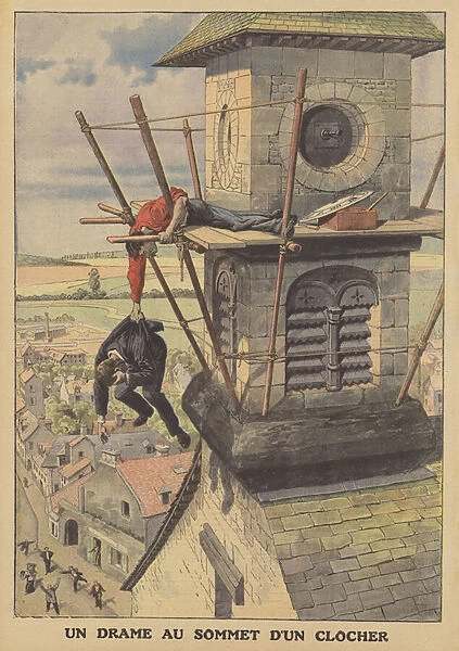Drama at the top of a bell tower (colour litho)