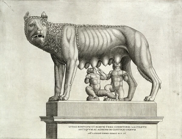Drawing of the Etruscan bronze of the she-wolf suckling Romulus and Remus, 5th century BC