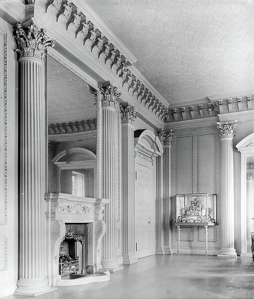 The drawing room, Sutton Scarsdale, Derbyshire, from England's Lost Houses by Giles Worsley (1961-2006) published 2002 (b / w photo)