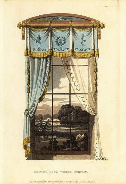 Drawing room window curtain in shot silk, 1815