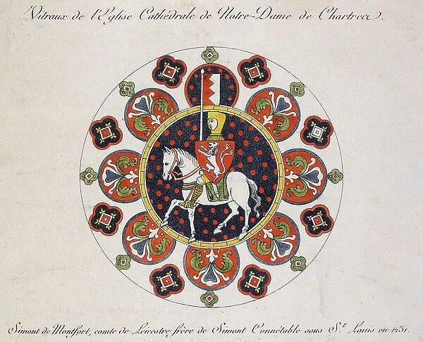 Drawing of the rose window at Chartres: Simon de Montfort (colour litho)