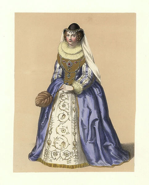 Dress (Dress) of the reign of James I, 1601-1625. She wears a dress with jeweled bodice, double lace ruff, puff sleeves, embroidered petticoat, hat with pearls and veil, and feather fan