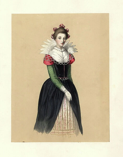 Dress during the Protectorate, 1653-1659. She wears five ribbons in her hair, a tall lace collar, a black dress with green sleeves and scarlet shoulders over embroidered petticoats. Based on Speed's Map of England, portrait of Lady Croke