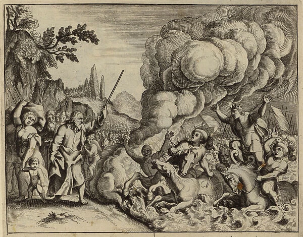 Drowning of the army of Pharaoh in the waters of the Red Sea (engraving)