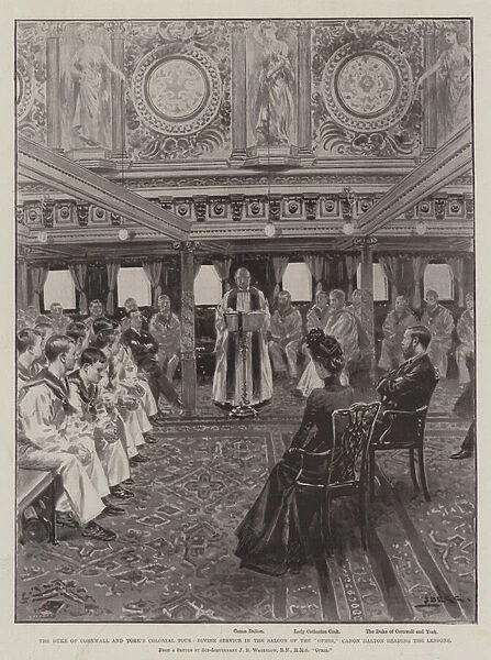 The Duke of Cornwall and Yorks Colonial Tour, Divine Service in the Saloon of the 'Ophir, 'Canon Dalton reading the Lessons (litho)